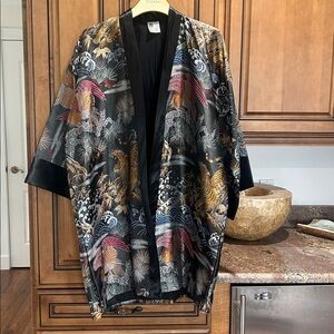 Japanese  Black Kimono with Vibrant Floral Patterns
